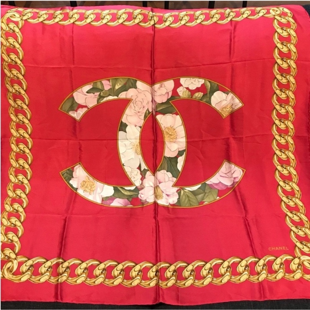CHANEL Red and Gold Floral Silk Scarf